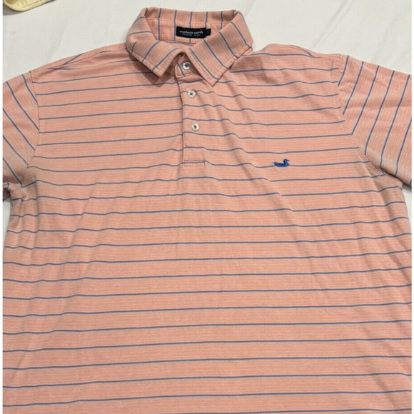 Southern Marsh Peach Polo Shirt Men's Size M Short Sleeve Blue Duck Striped - Picture 8 of 8